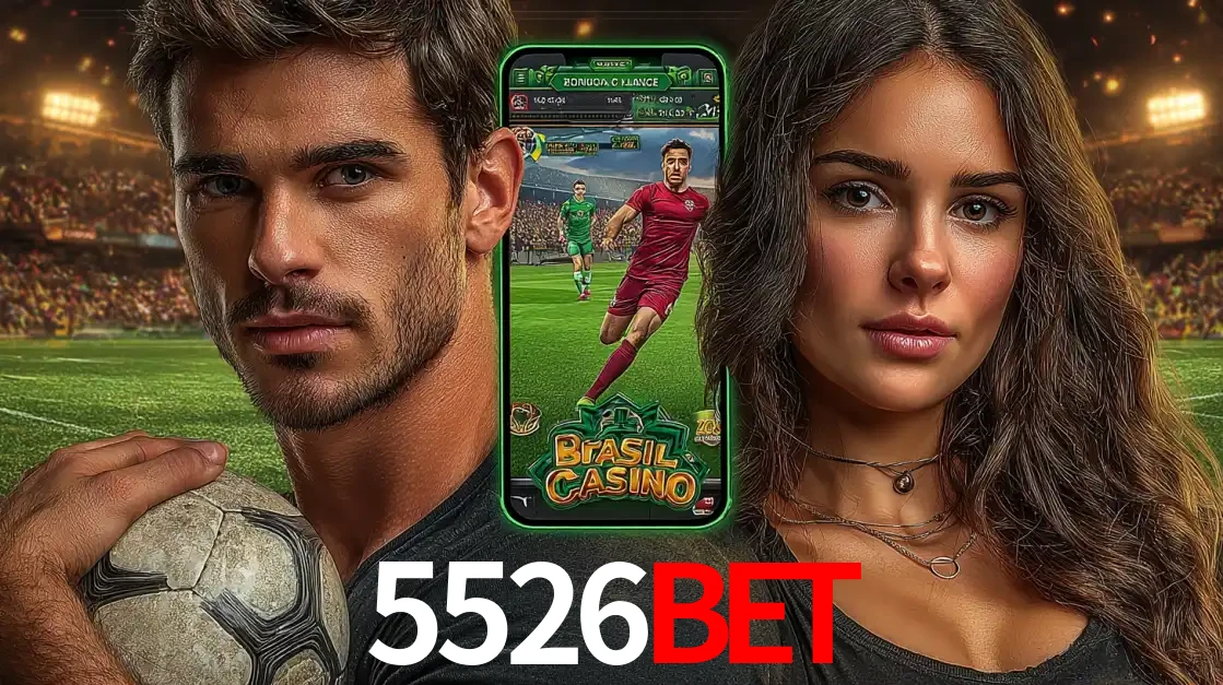 Homem segurando uma bola de futebol e uma mulher ao lado de um smartphone exibindo o jogo de apostas esportivas da 5526bet. Faça seu palpite no cassino online.
